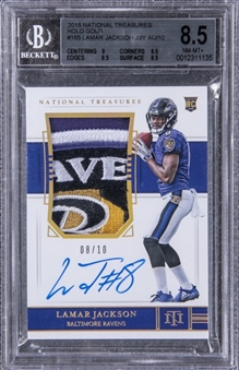 2018 National Treasures Holo Gold #165 Lamar Jackson Signed Patch Rookie Card - JERSEY NUMBER - (#08/10) – BGS NM-MT+ 8.5/BGS 9